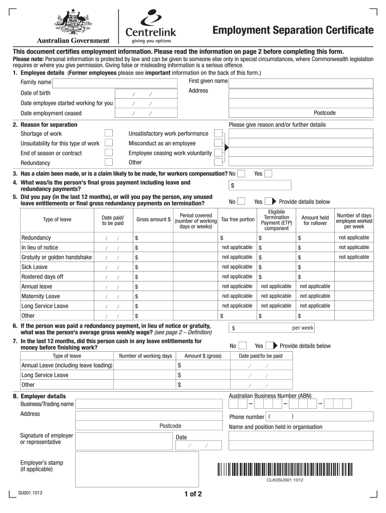 Centrelink Separation Certificate 2010